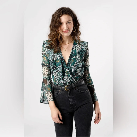 Band of the Free BohoV-Neck Floral Print Ruffle Sleeve Sheer body Suit | Large| - Picture 1 of 5